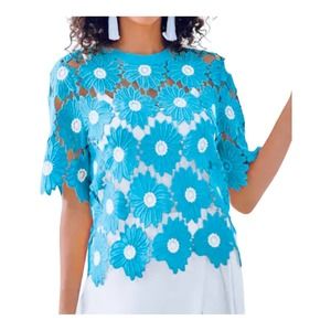 Monroe & Main Flower Embroidered Lace Tunic Blue Summer Casual Blue Boho Top